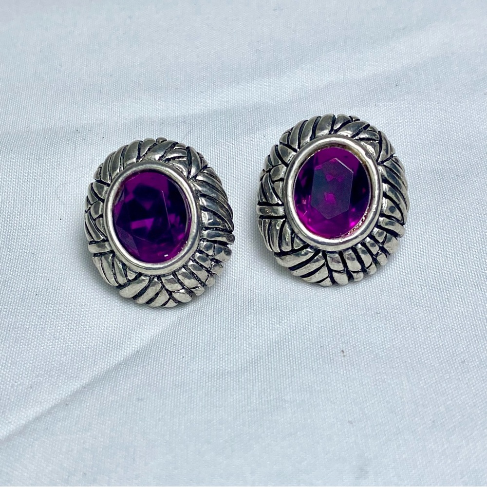 VTG Oval Silver-Tone Clip-On Earrings with Vibrant Purple Stone